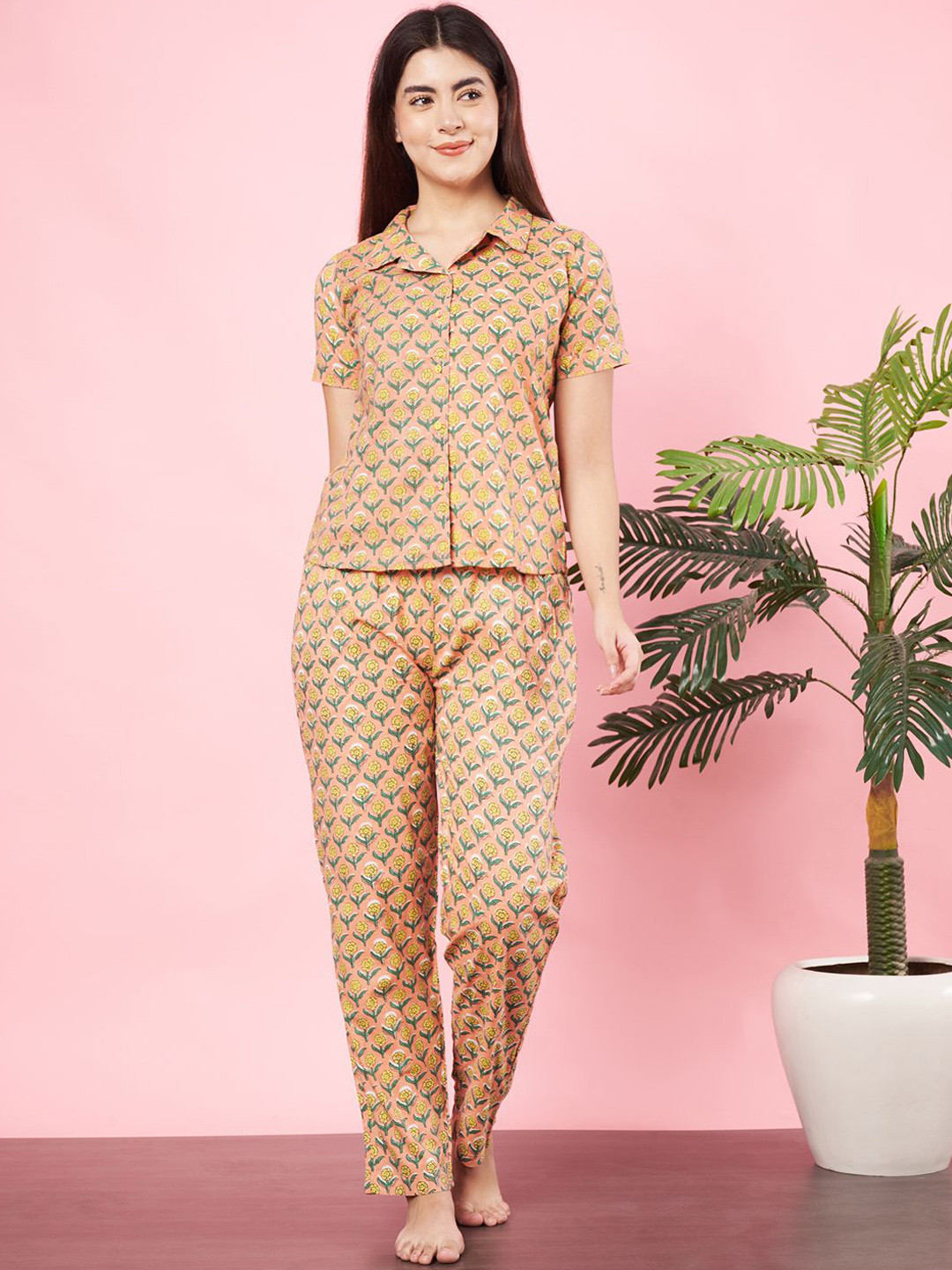 

HERE&NOW Women Floral Printed Pure Cotton Slip-On Night suit, Orange