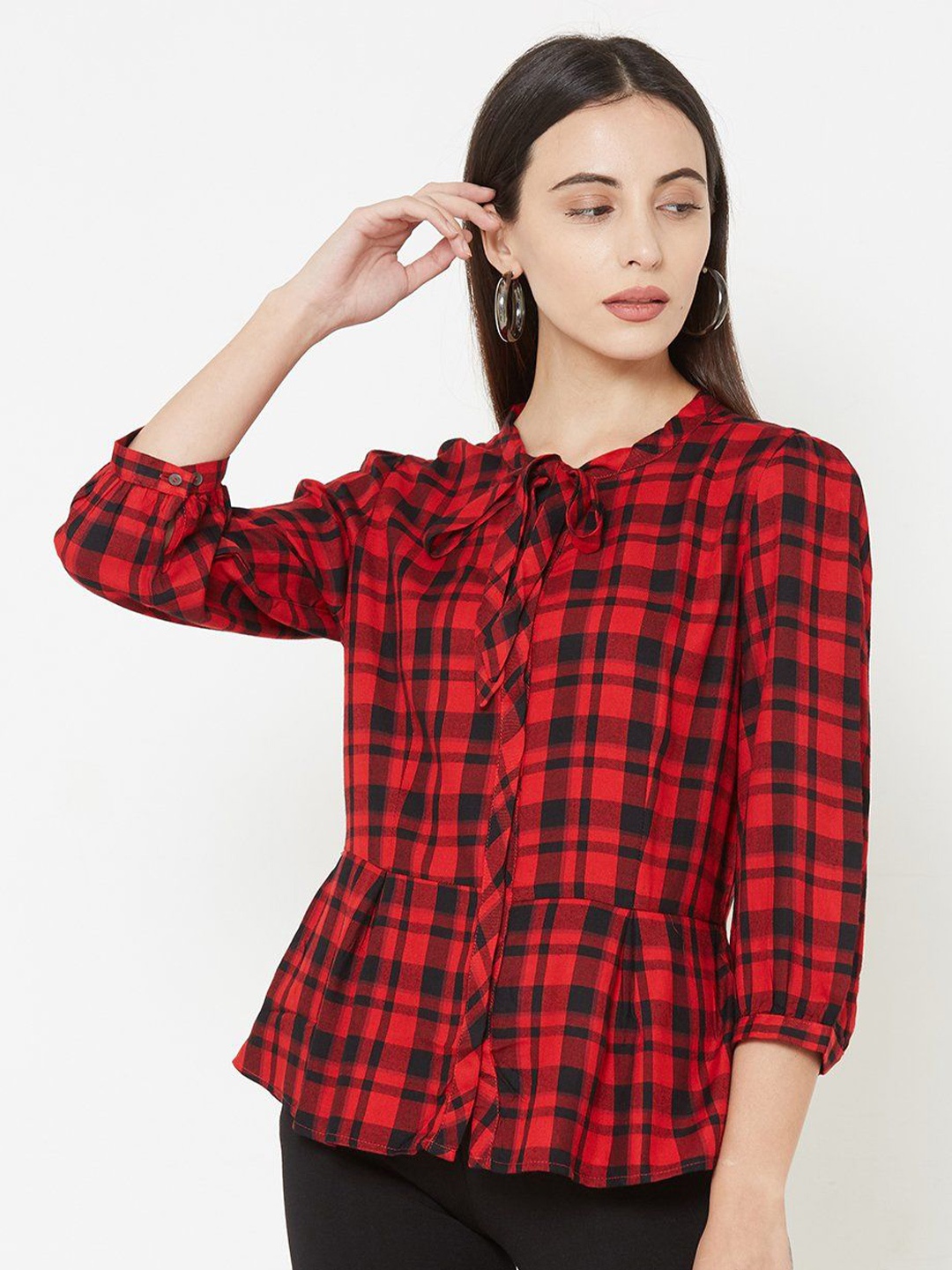 

Kraus Jeans Women Pure Cotton Checked Tie-Up Neck Cuffed Sleeves Shirt Style Top, Red