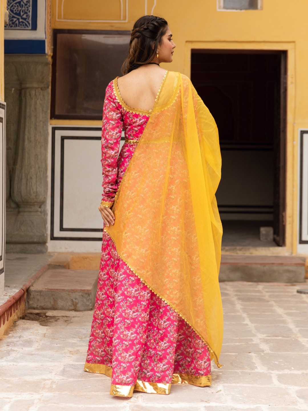 

ASHEERA Women Floral Printed Fit & Flared Maxi Ethnic Dress With Dupatta, Pink