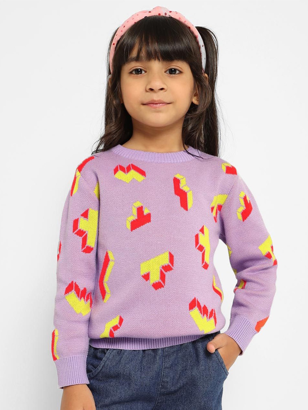 

Somersault Girls Cotton Self Design Round Neck Pullover, Pink
