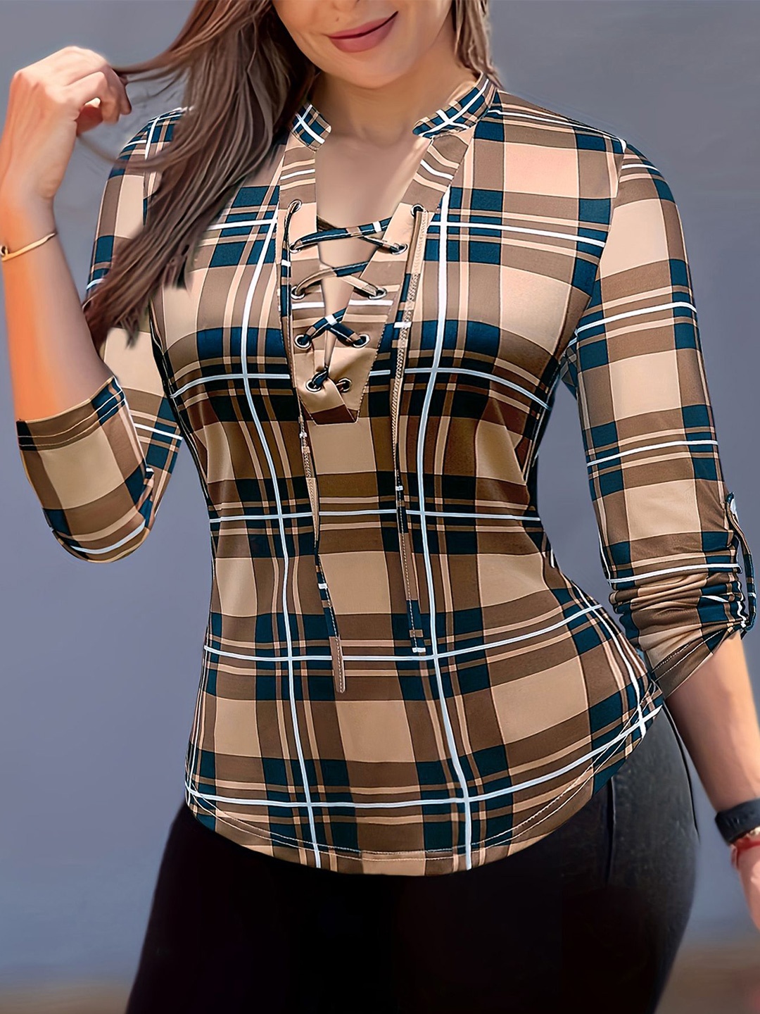 

StyleCast x Revolte Women Checked Shirt Style Top, Brown