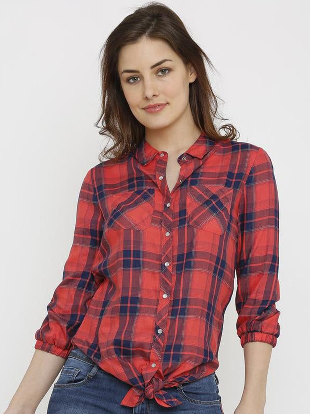 

Kraus Jeans Women Slim Fit Tartan Checks Opaque Checked Casual Shirt, Coral