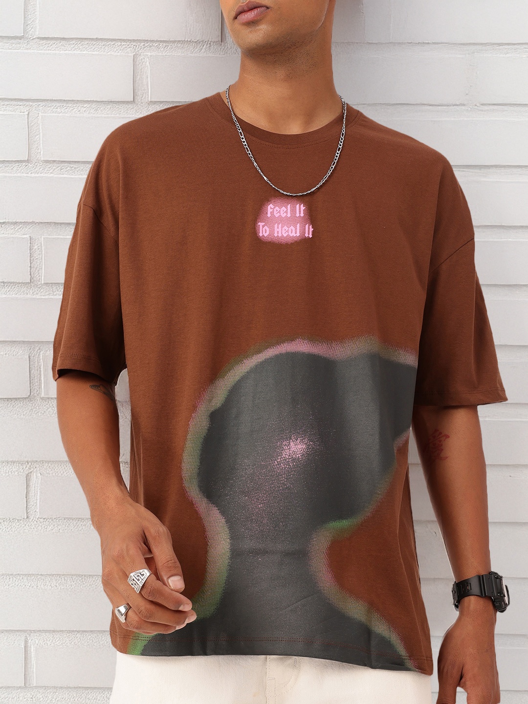

Kook N Keech Edgy Vibe Abstract Printed Relaxed Fit T-shirt, Coffee brown