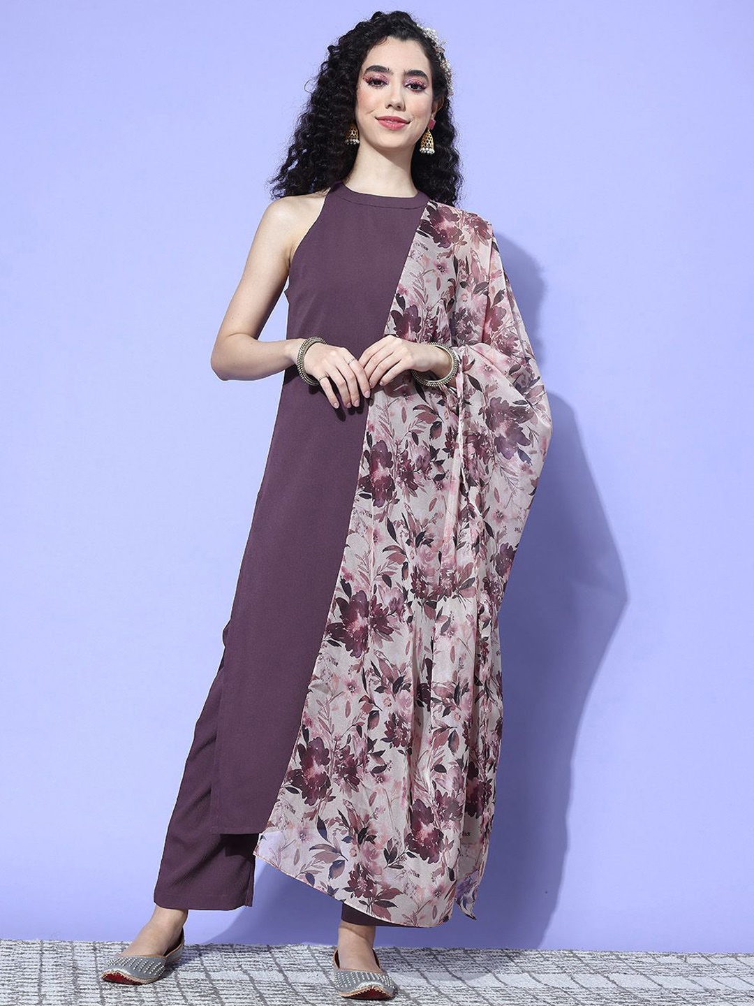 

KALINI Women Regular Silk Crepe Kurta with Trousers & With Dupatta, Purple