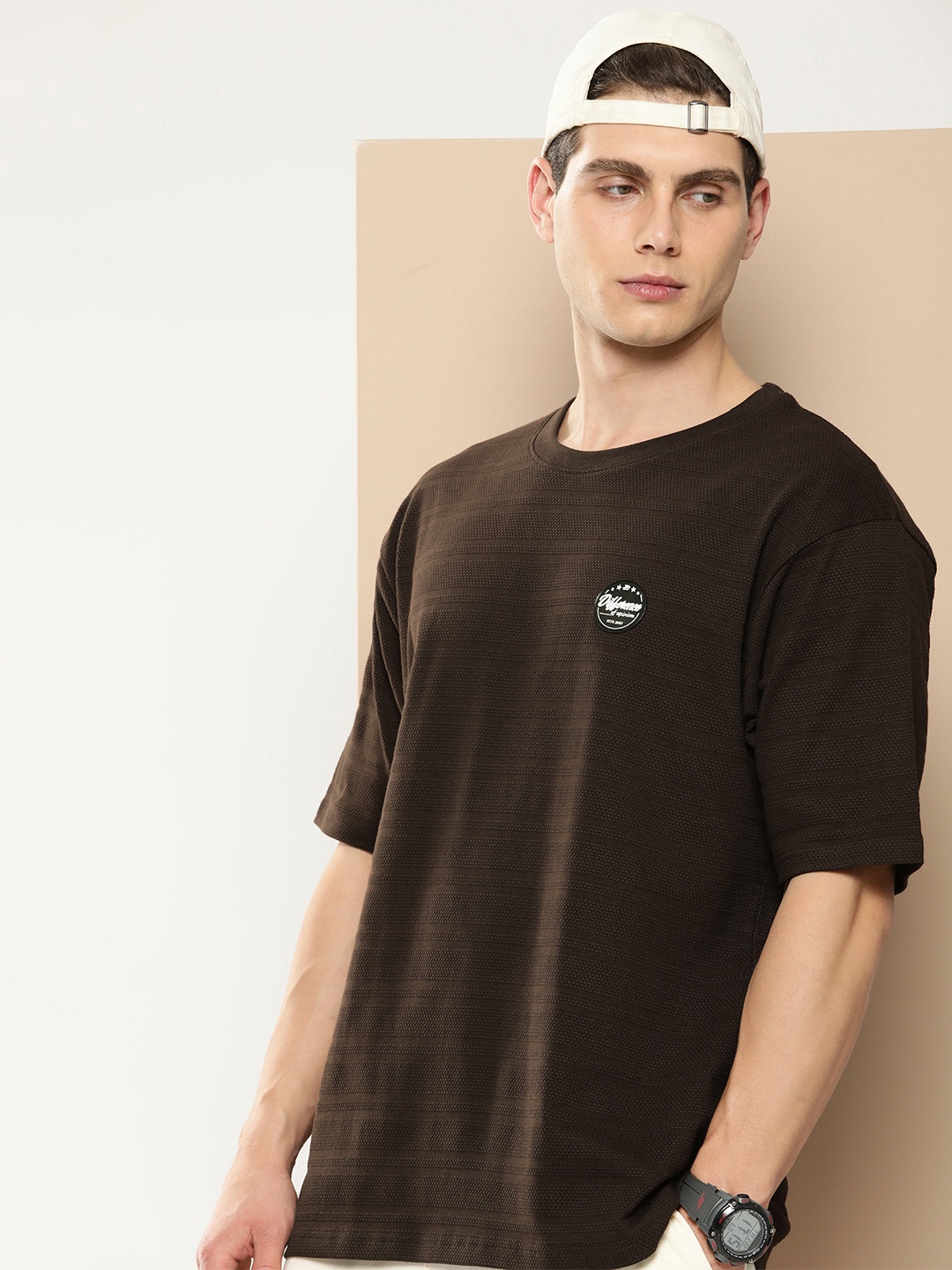 

Difference of Opinion Men Self Design Applique Oversized T-shirt, Brown