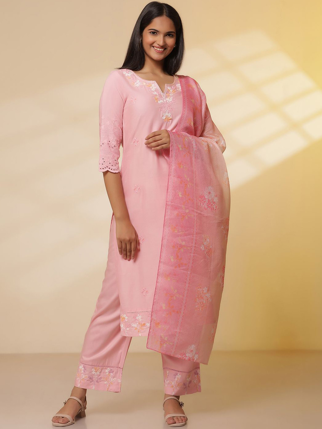 

AURELIA Women Embroidered Kurta with Palazzos & With Dupatta, Pink