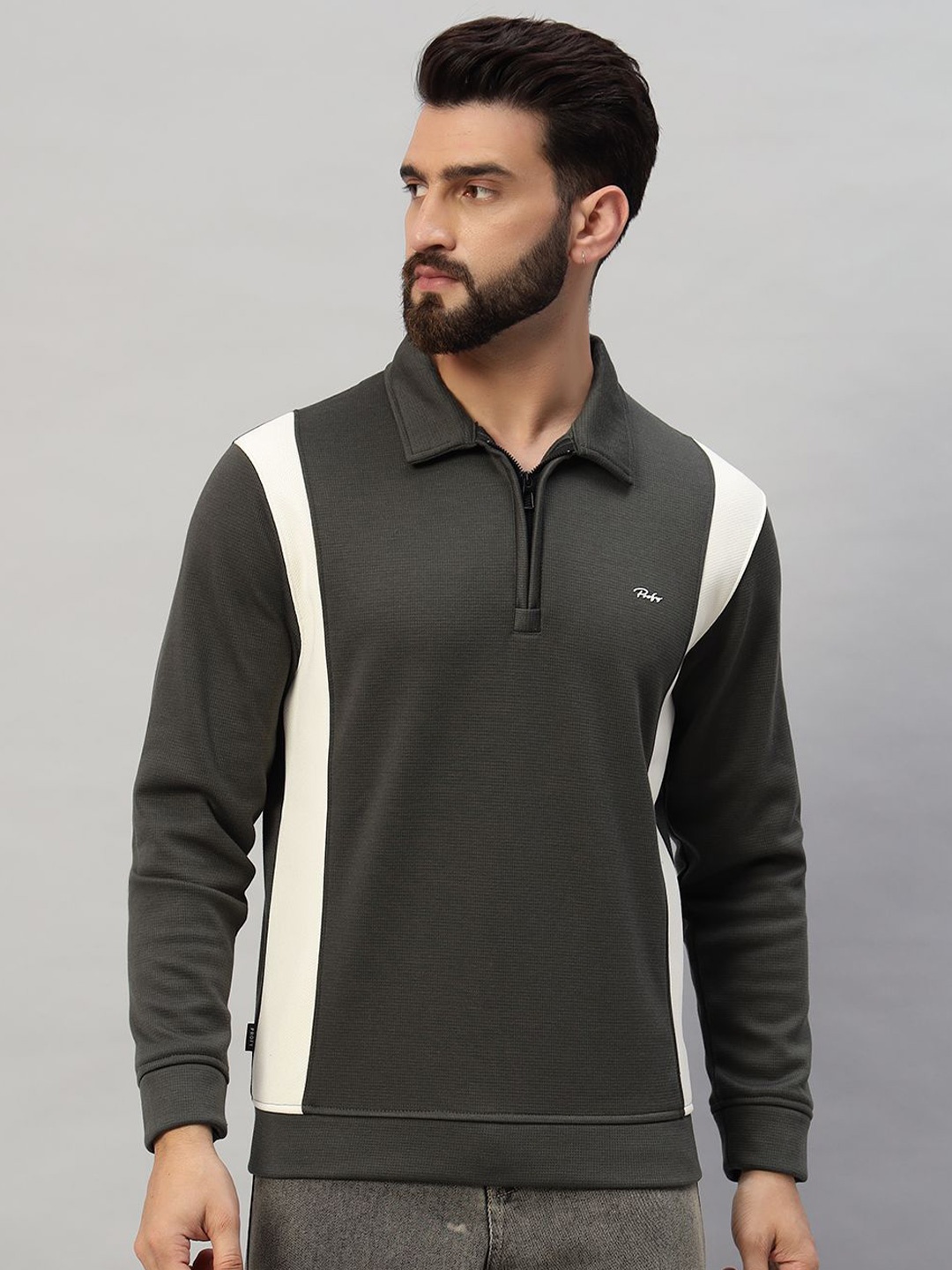 

PROFY Men Colourblocked Shirt Collar Sweatshirt, Charcoal