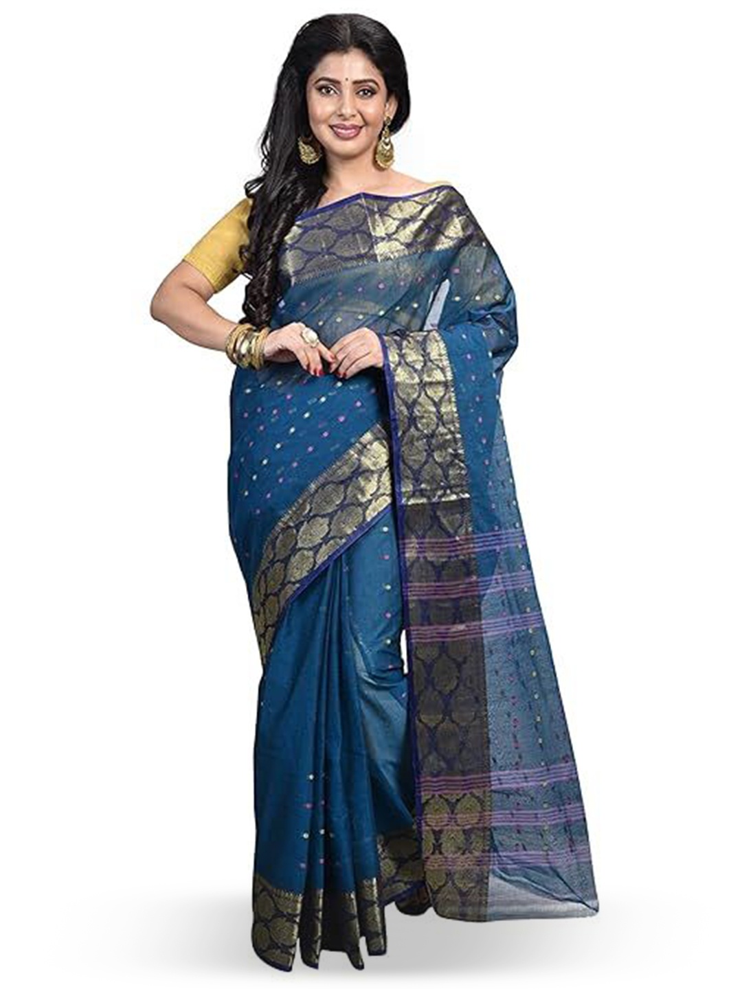

RAJ SAREE HOUSE Woven Design Zari Pure Cotton Taant Saree, Blue