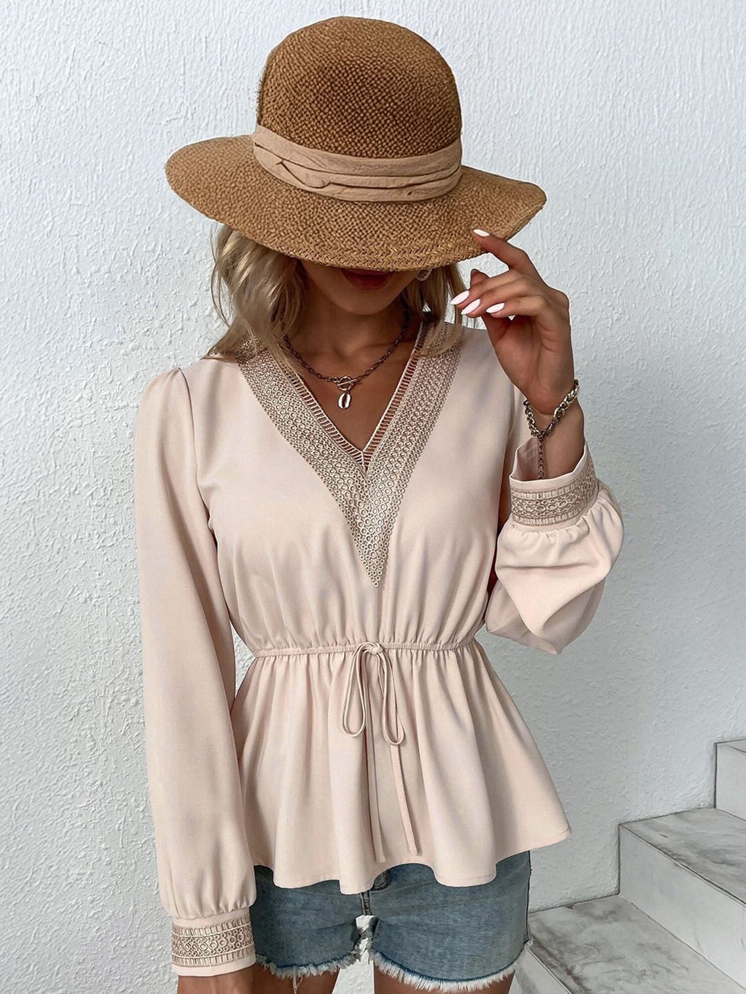 

StyleCast Women Embroidered Cinched Waist Top, Beige
