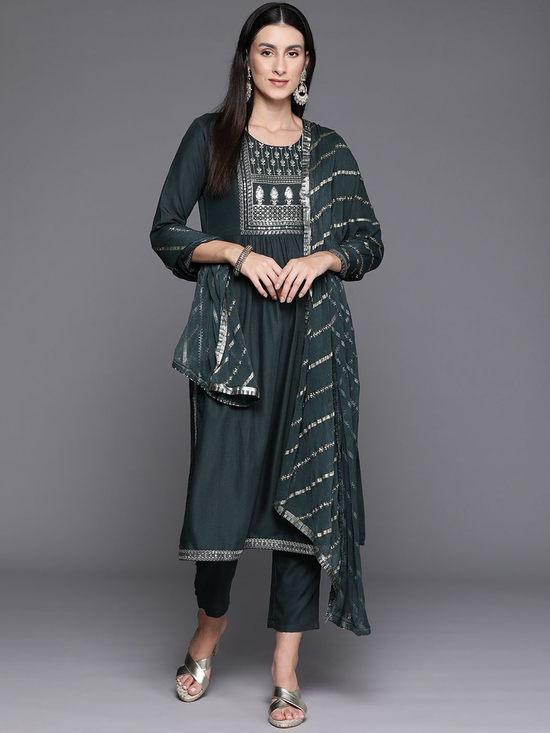 

KALINI Women Ethnic Motifs Yoke Design Regular Sequinned Kurta with Trousers & With Dupatta, Grey