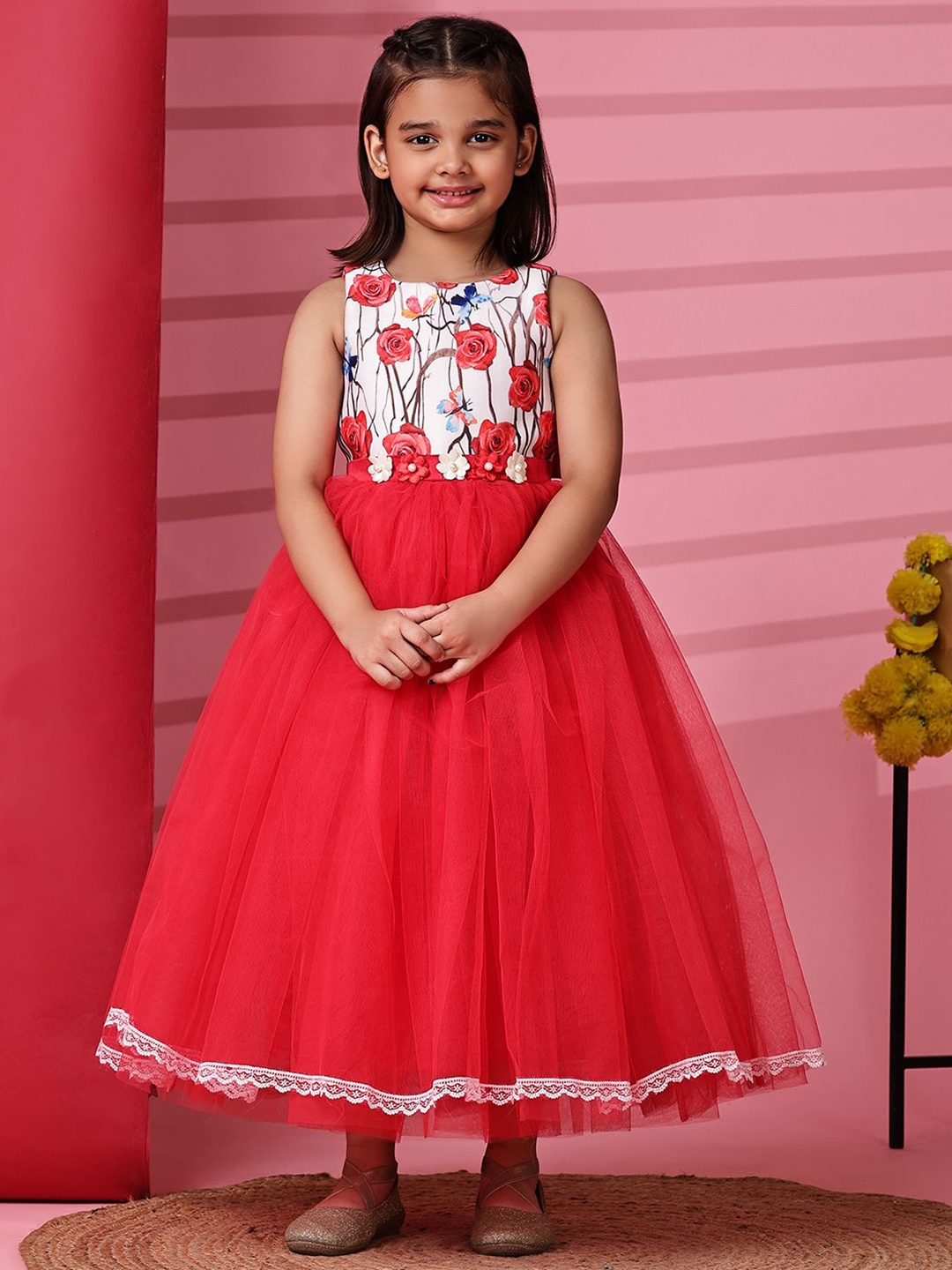 

Toy Balloon kids Girls Floral Printed Net Fit & Flare Maxi Dress, Red