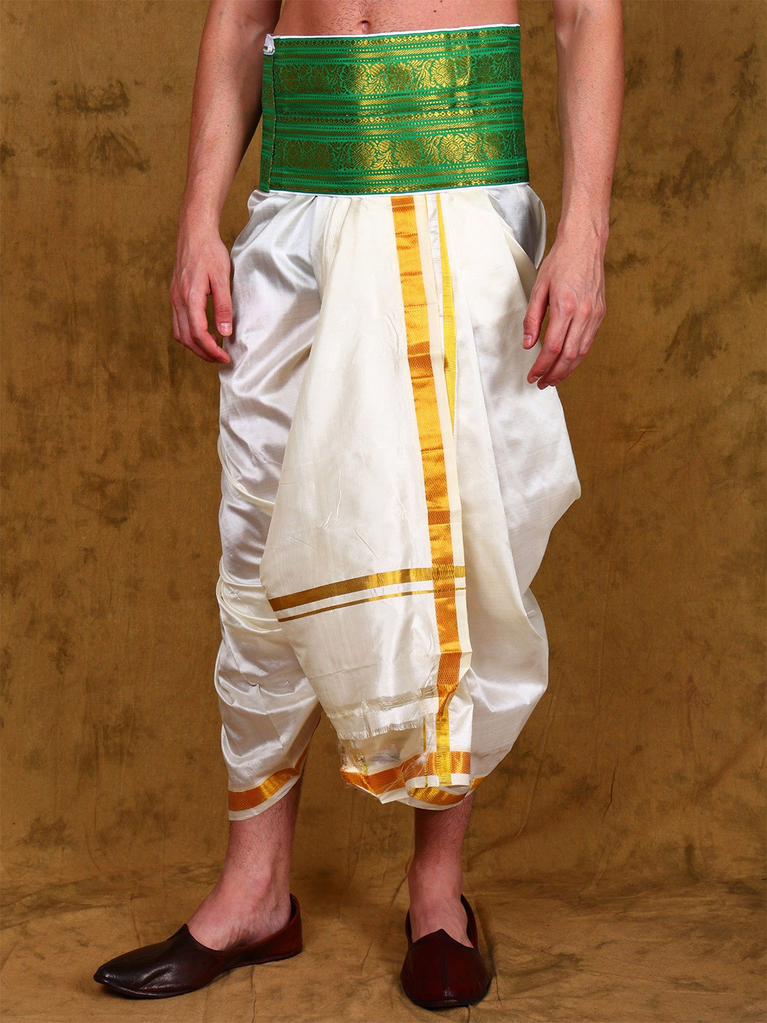 

Exotic India Floral Woven Design Zari Thread Adjustable Silk Dhoti Belt With Zip Pouch, Green
