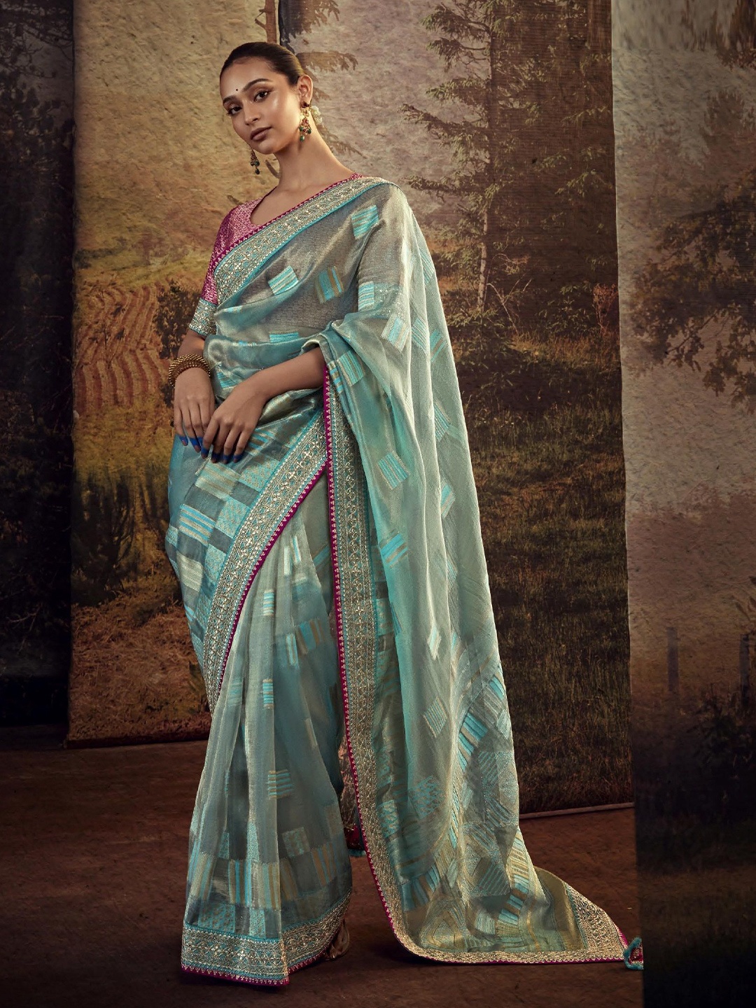 

MAHALASA Embroidered Tissue Saree, Turquoise blue