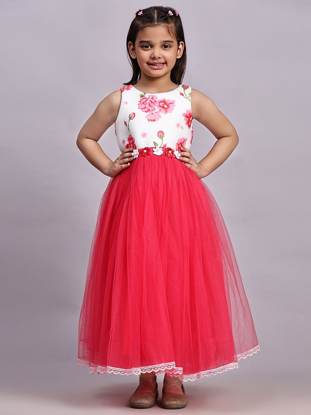 

Toy Balloon kids Girls Floral Embellished Net Fit & Flare Maxi Dress, Pink