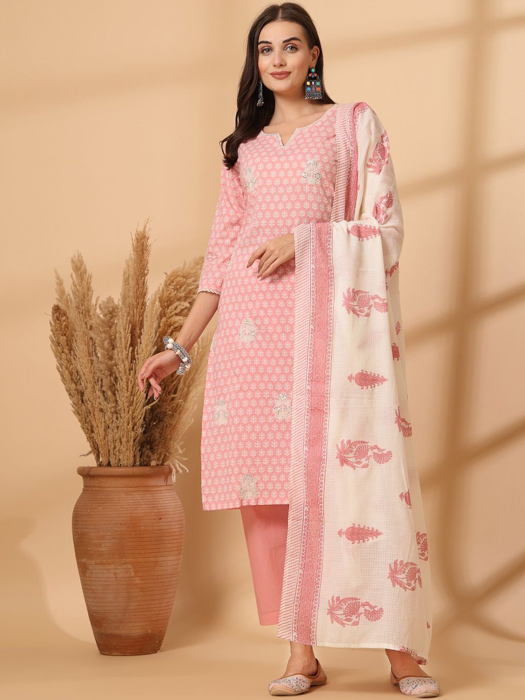 

Shangri LA MS Designs Women Ethnic Motifs Embroidered Regular Sequinned Pure Cotton Kurta with Trousers &, Pink