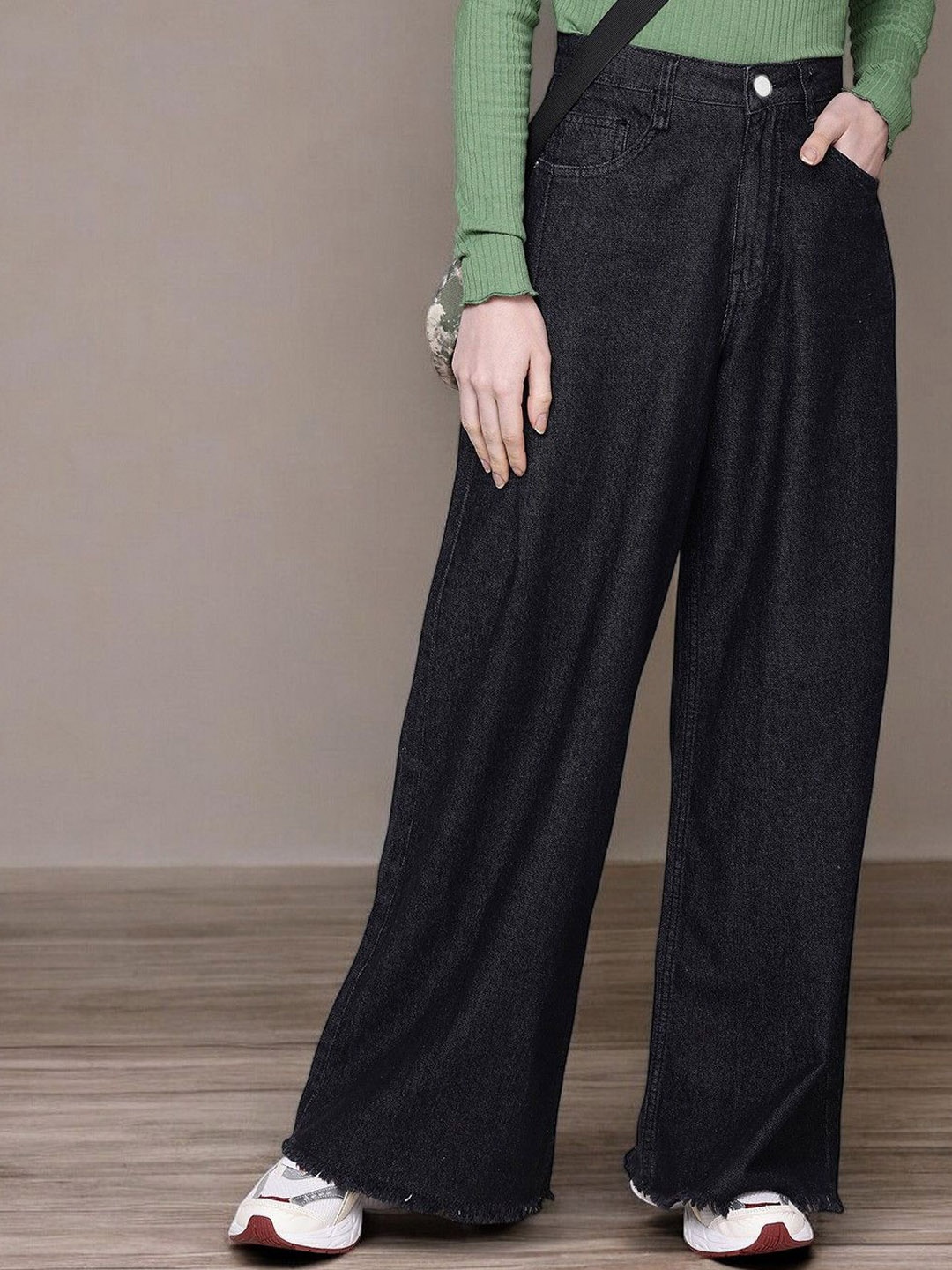 

The Roadster Lifestyle Co Women Wide Leg High Rise Cotton Jeans, Black