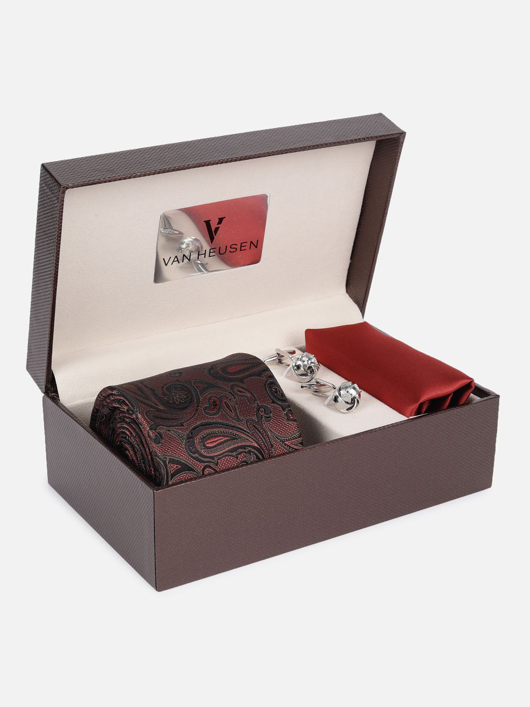 

Van Heusen Men Neck Tie,Pocket Square And Cuffink Accessory Gift Set, Maroon