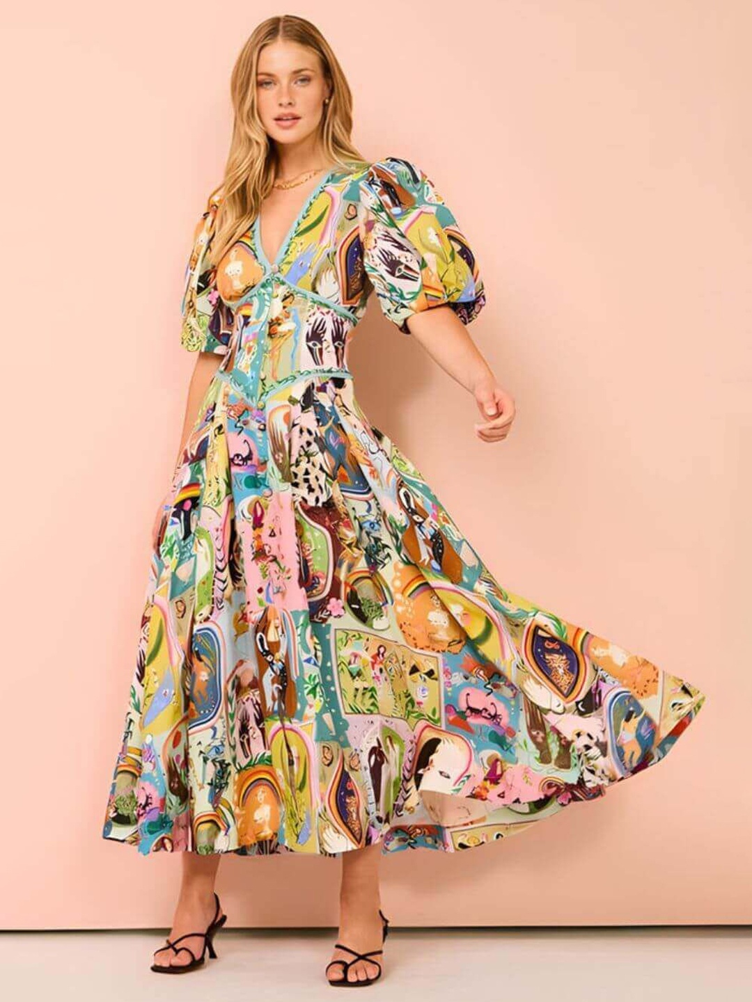 

FancyPants Printed V-Neck Puff Sleeves Corset Maxi Dress, Yellow