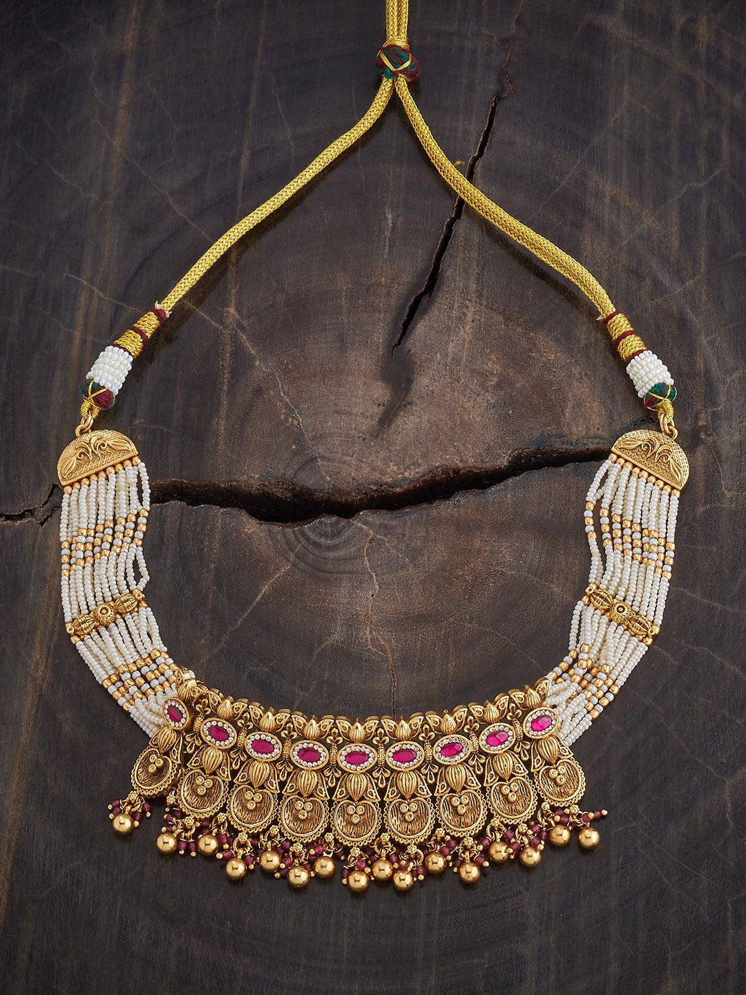 

Kushal's Fashion Jewellery Gold-Plated Stone Studded & Beaded Antique Necklace