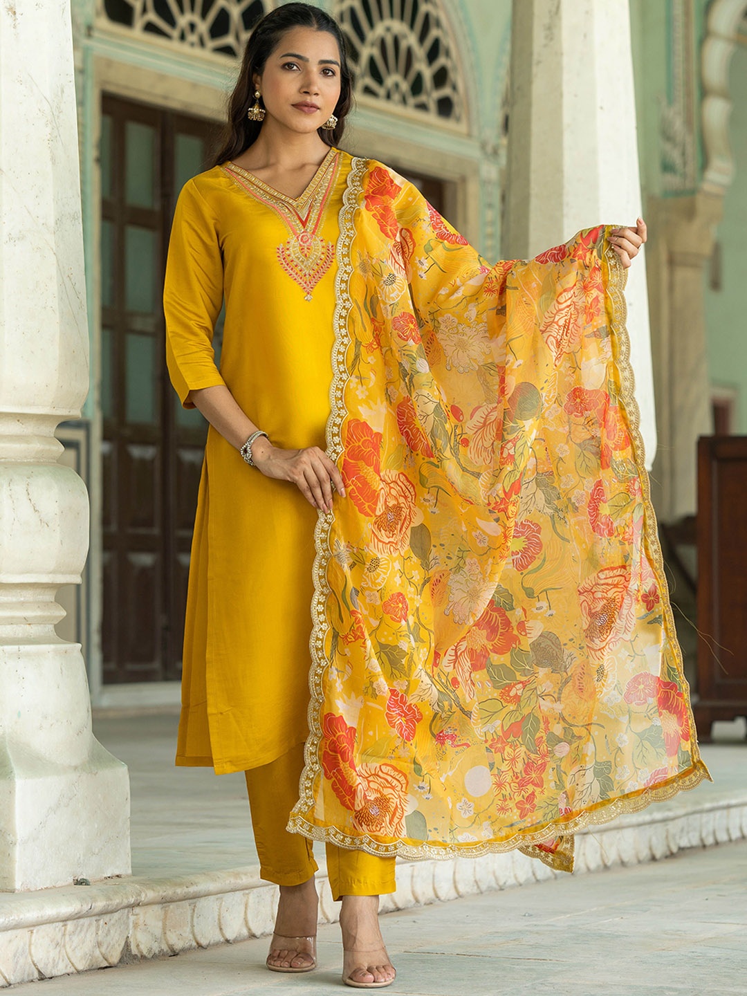 

Navlik Women Floral Embroidered Regular Chanderi Silk Kurta with Trousers & With Dupatta, Mustard