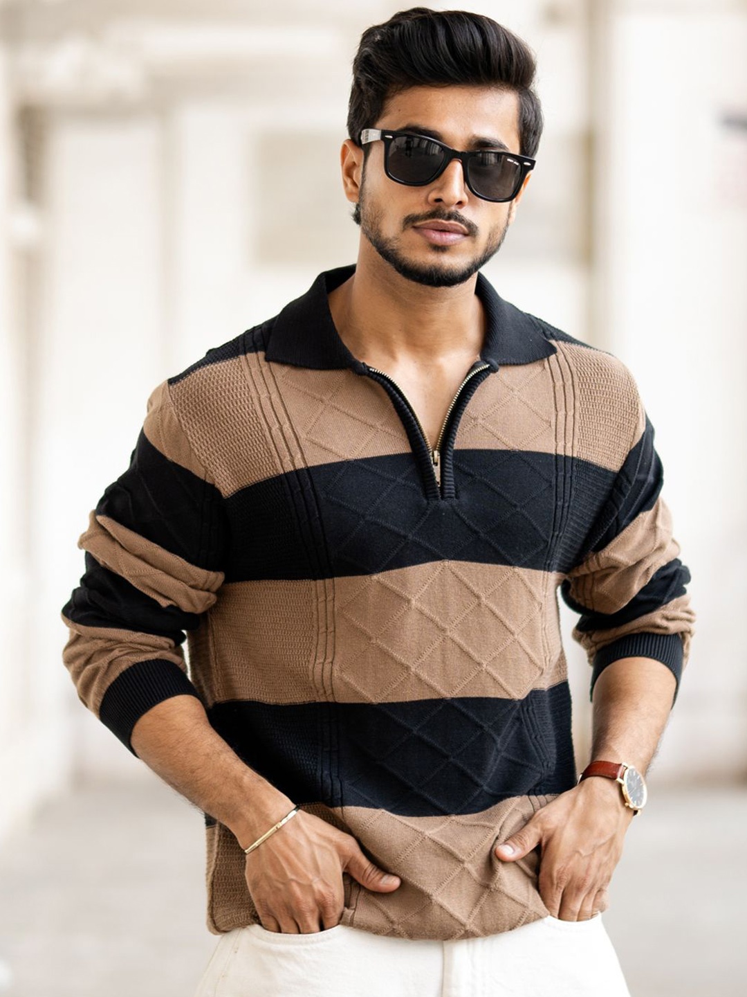 

Powerlook Men Striped Polo Collar T-shirt, Black