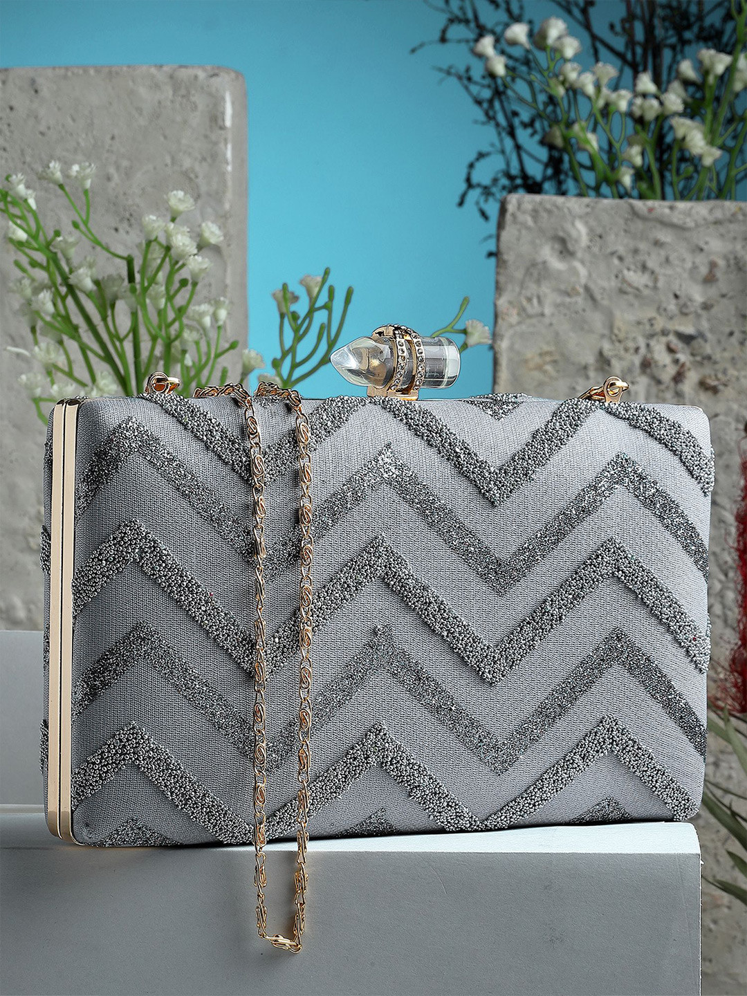 

Bohey by KARATCART Embroidered Box Clutch, Grey