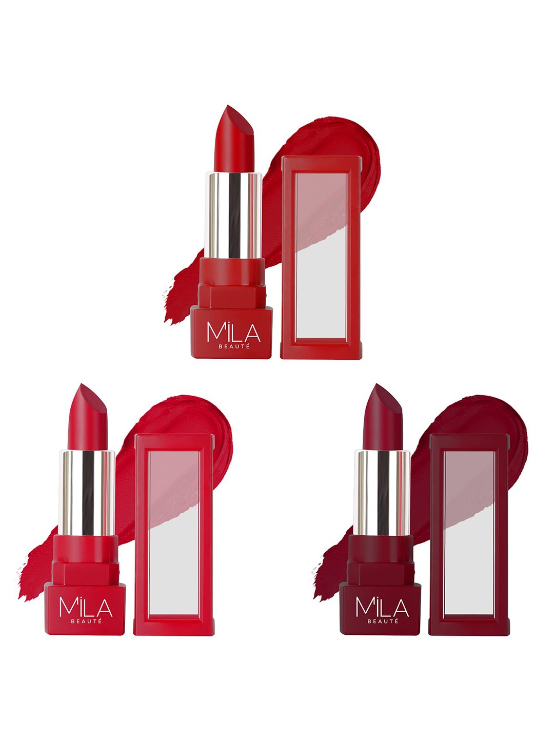 

MILA BEAUTE Set Of 3 Highly Pigmented Lightweight Matte Lipstick- 4.2g Each- 501-505-515, Red