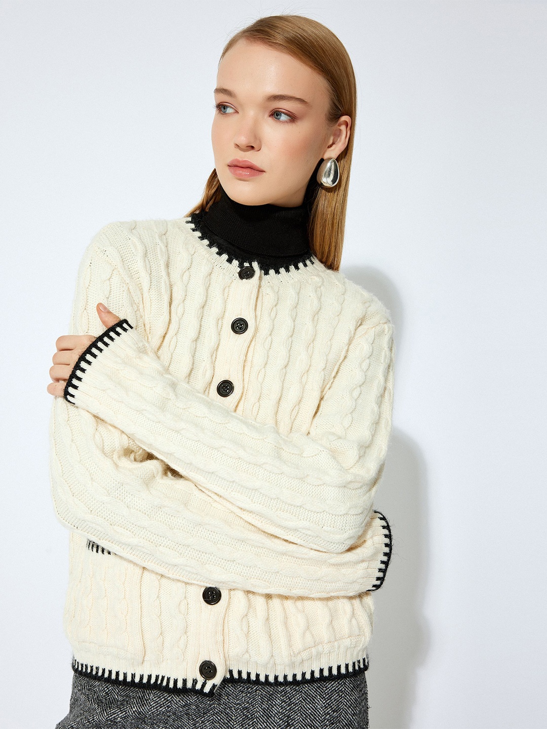

Koton Women Cable Knit Self Design Sweater, Beige