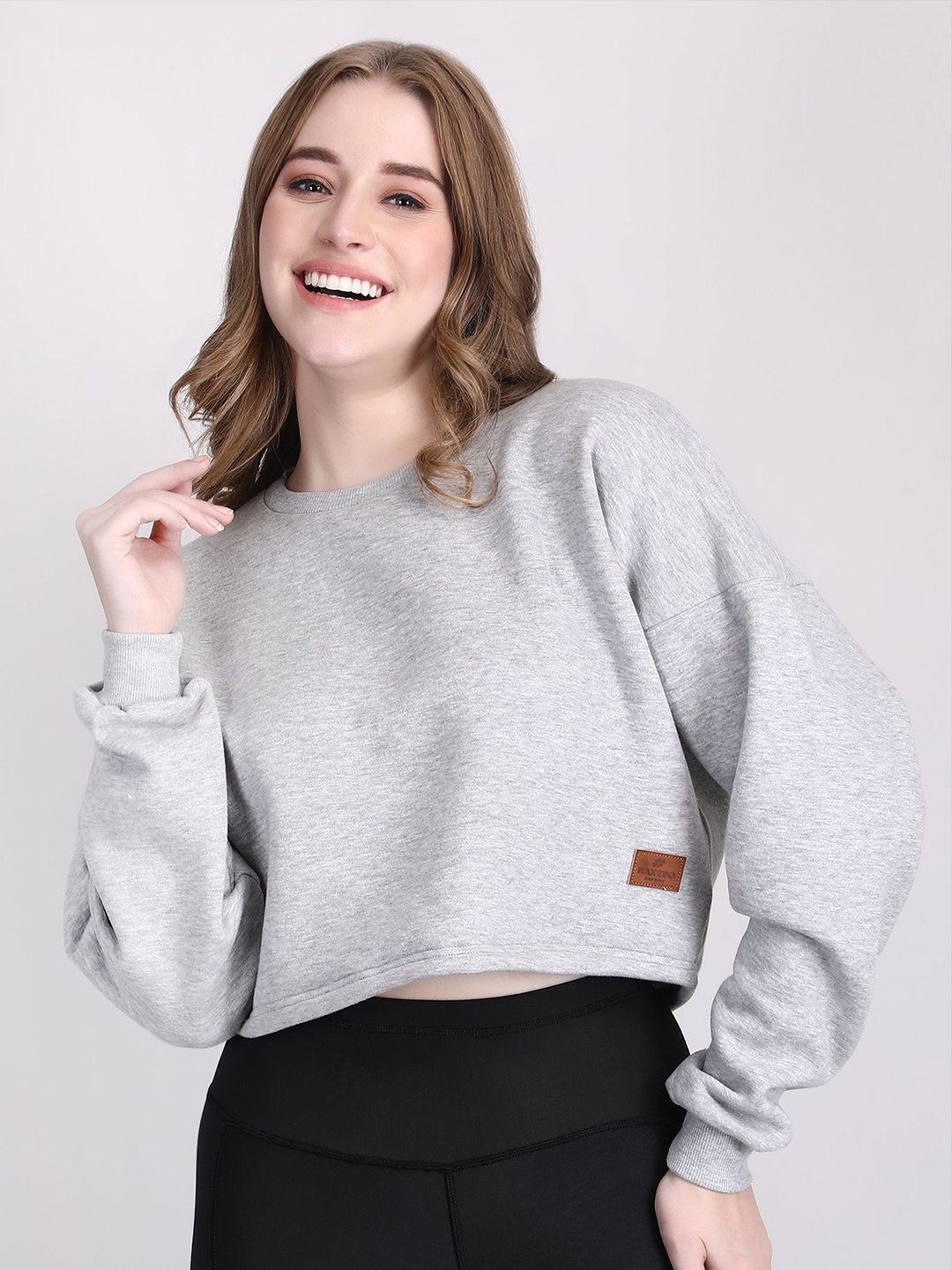 

Women Round Neck Long Sleeves Crop Pullover Sweatshirt, Grey