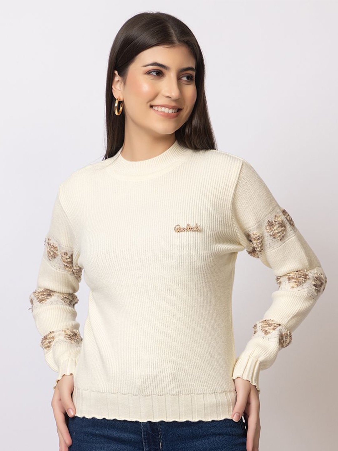 

Navsha Women Woollen Round Neck Long Sleeves Pullover Sweaters, Cream