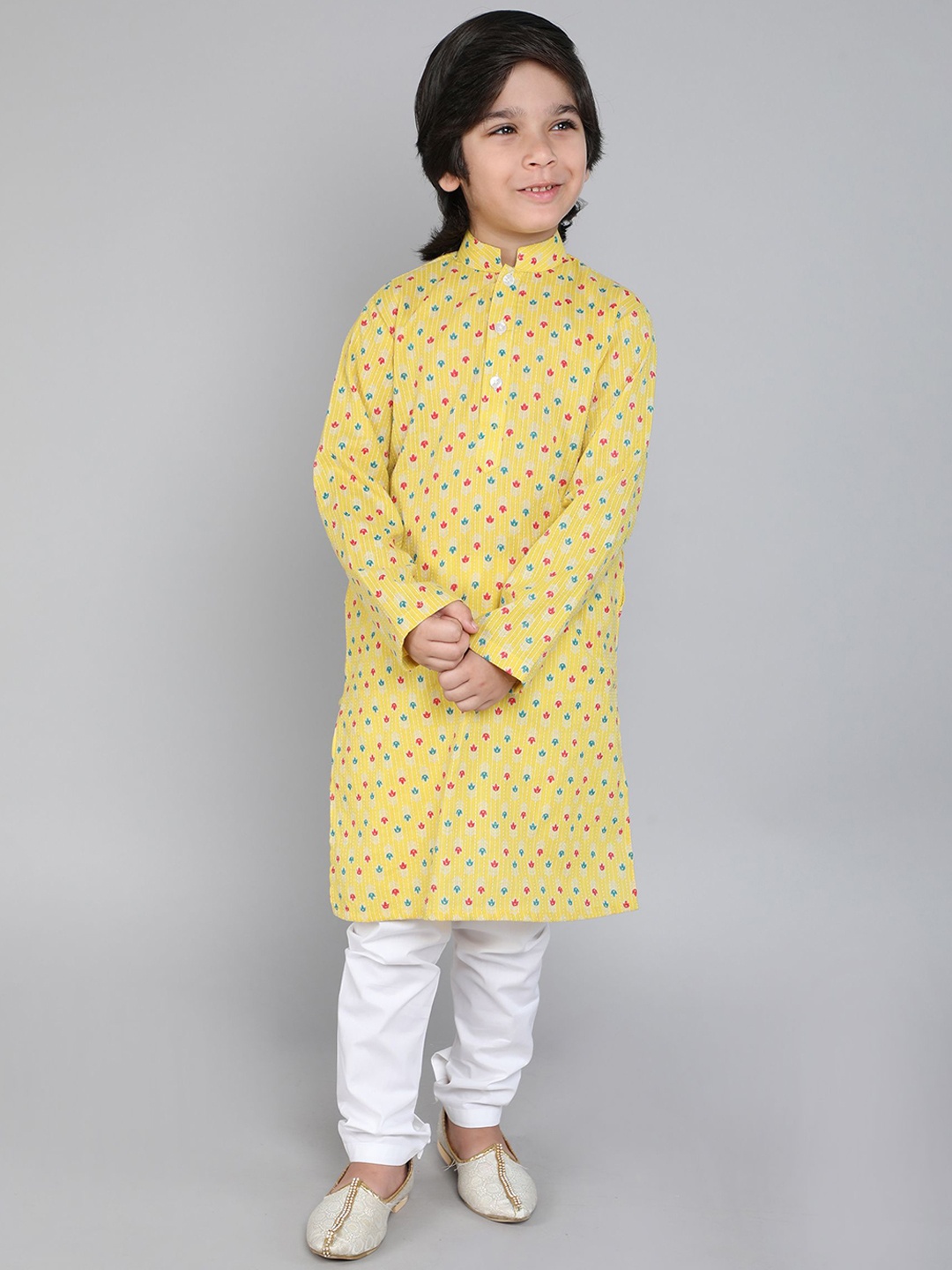 

Little Clothings Boys Printed Regular Pure Cotton Kurta with Churidar, Yellow