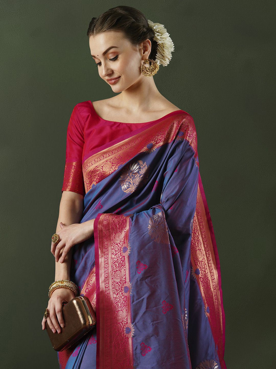 

Sangria Women Ethnic Motifs Woven Design Banarasi Saree With Unstitched Blouse, Violet