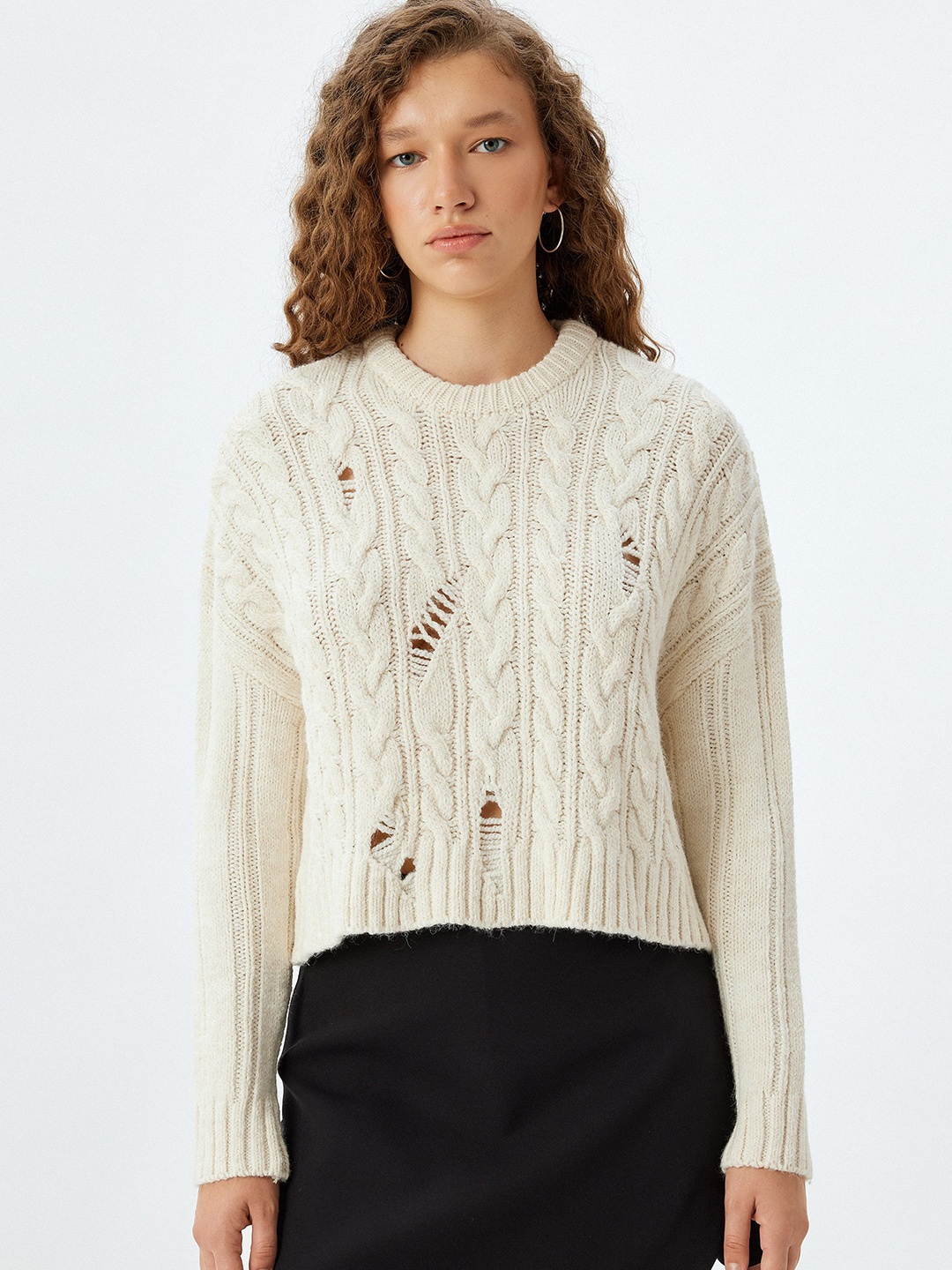 

Koton Women Cable Knit Long Sleeves Pullover, Beige