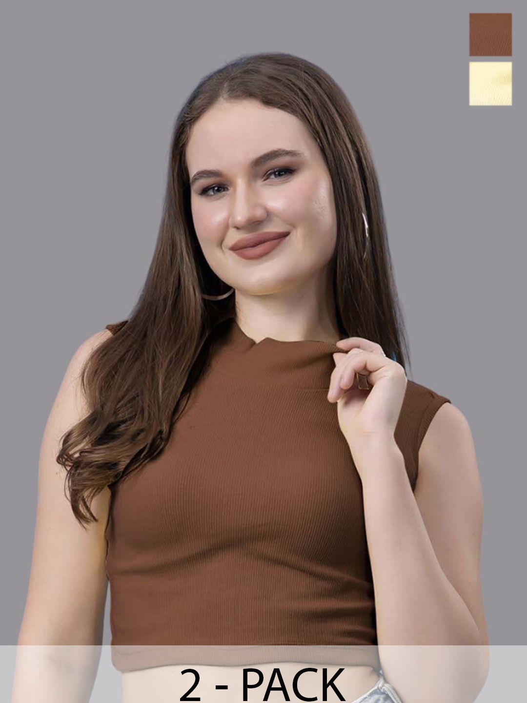 

Friskers Women Pack Of 2 Cotton High Neck Sleeveless Crop Top, Yellow