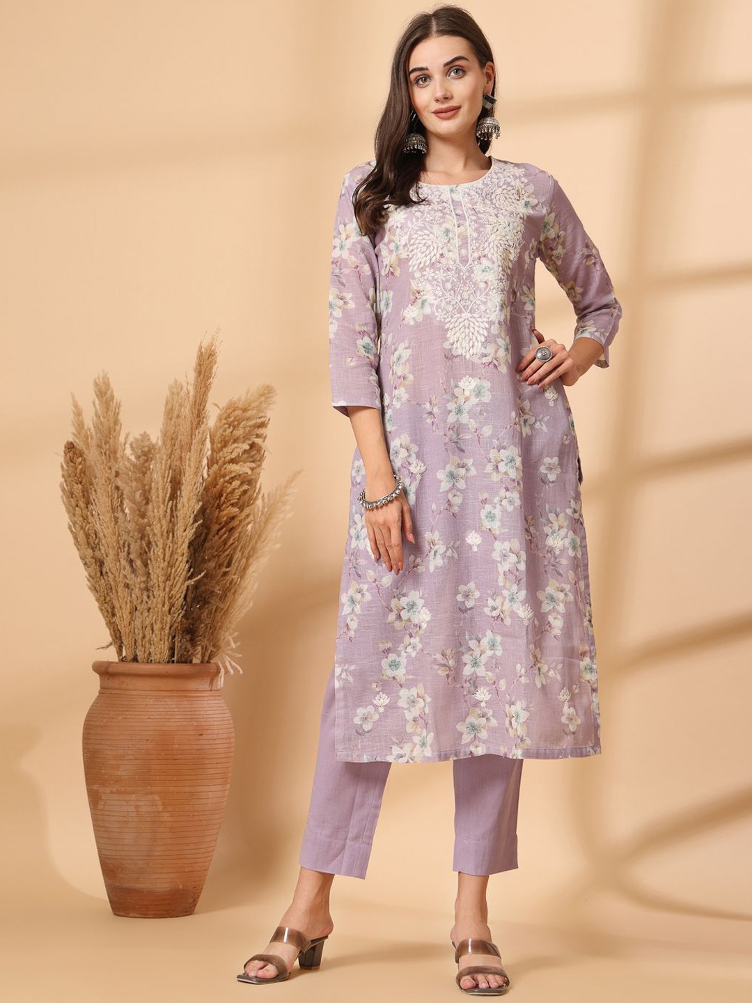 

Shangri LA MS Designs Women Floral Printed Regular Chikankari Pure Cotton Kurta with Trousers & With Dupatta, Purple