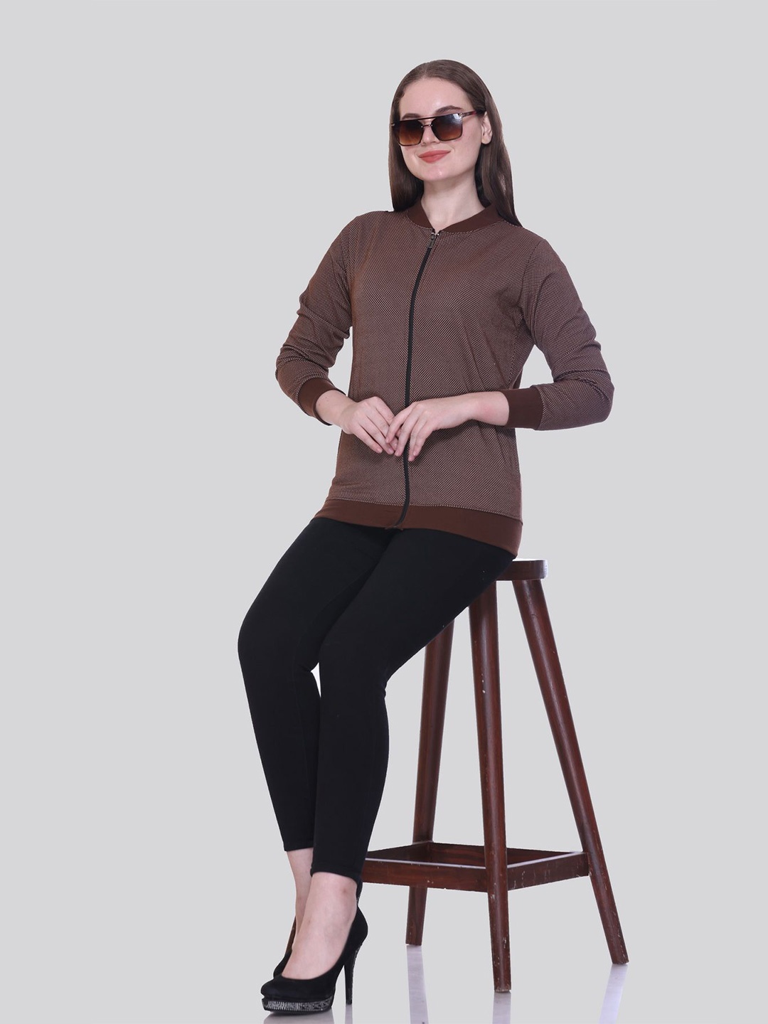 

ELPIDA Women Self Design Sweatshirt, Brown