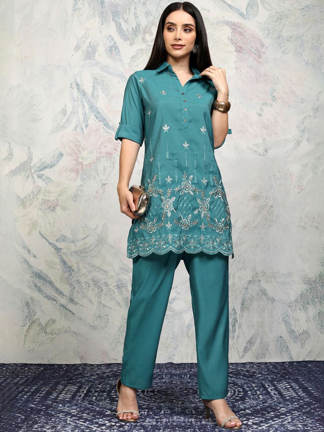 

Vishudh Teal Blue Shirt Collar Embroidered Tunic with Trouser