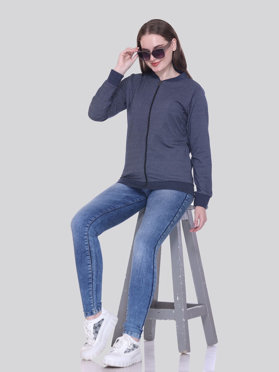 

ELPIDA Women Cotton Long Sleeves Front-Open Sweatshirt, Blue