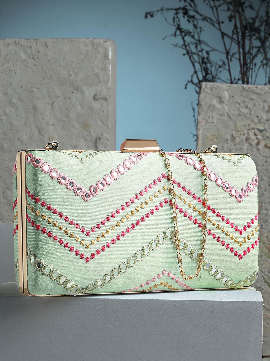 

Bohey by KARATCART Embroidered Embellished Box Clutch, Lime green