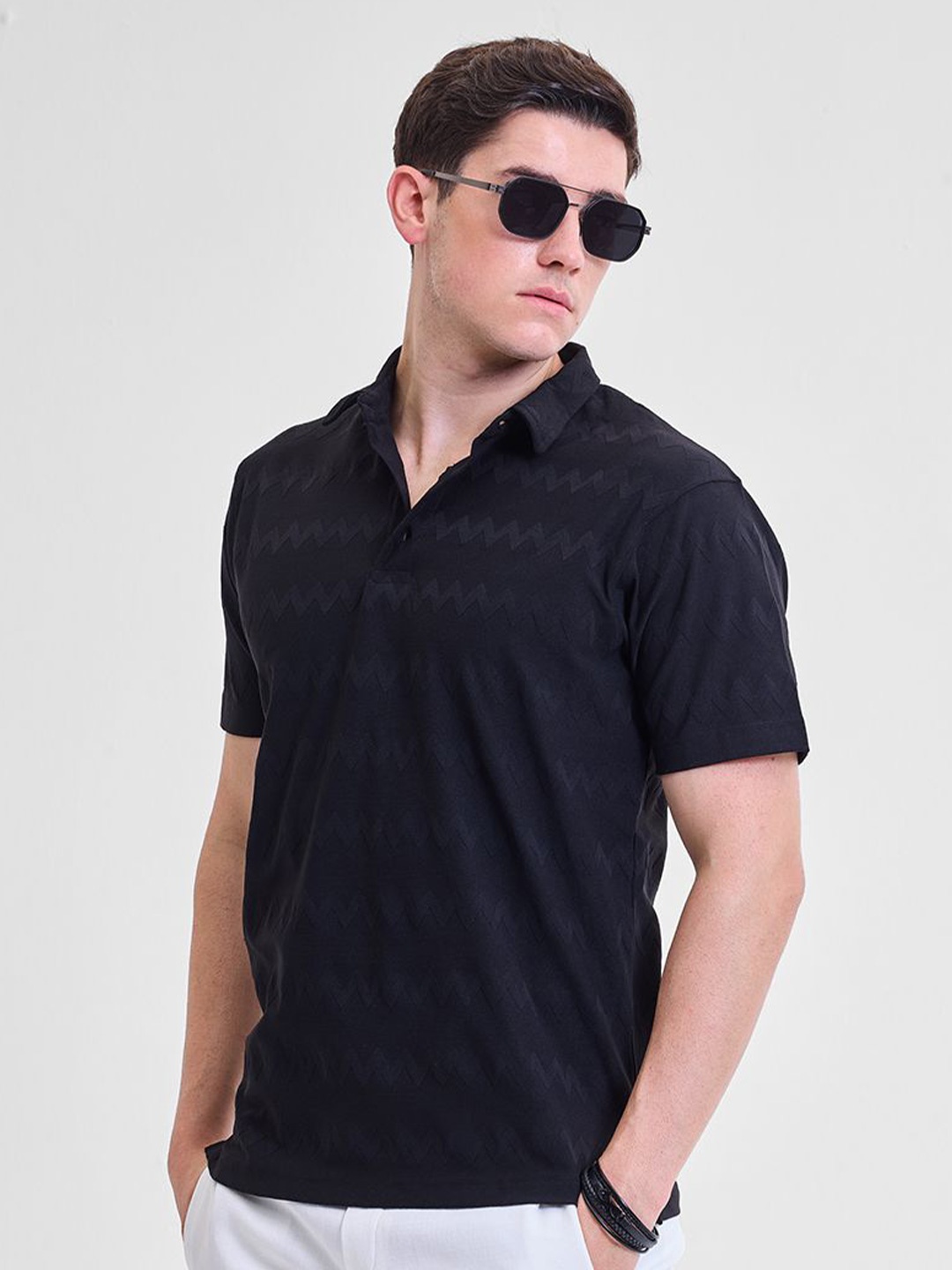 

Snitch Men Self Design Polo Collar Slim Fit T-shirt, Black