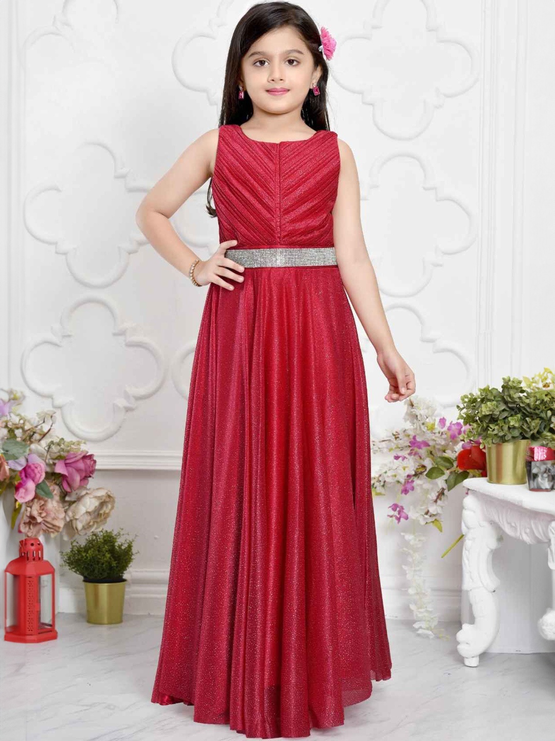 

Lagorii Girls Round Neck Fit and Flare Maxi Dress With Waist Band, Red