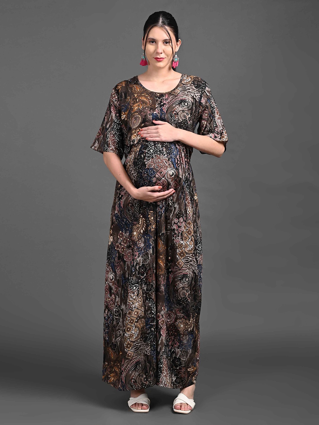 

GOLDSTROMS Women Maternity Abstract Printed Maxi Dress, Coffee brown