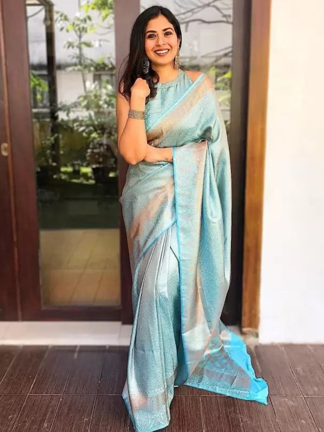 

KALINI Woven Design Zari Pure Silk Kanjeevaram Saree, Blue