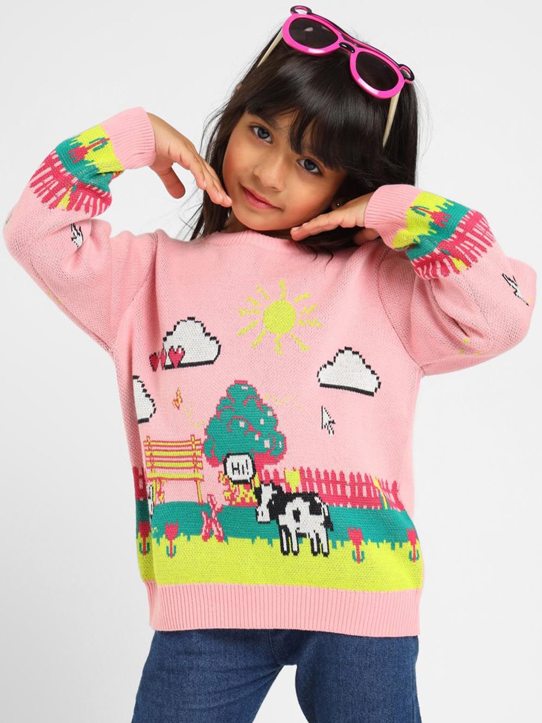 

Somersault Girls Quirky Self Design Cotton Pullover Sweater, Pink
