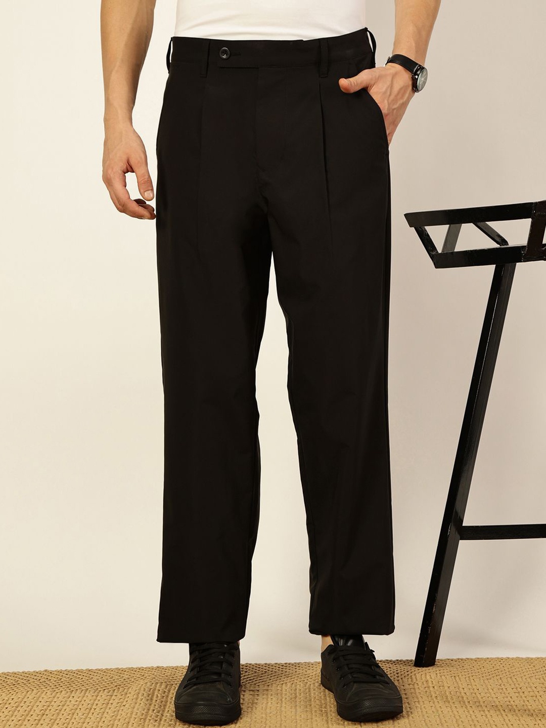 

Thomas Scott Men Regular Fit Smart Pleated Trousers, Black