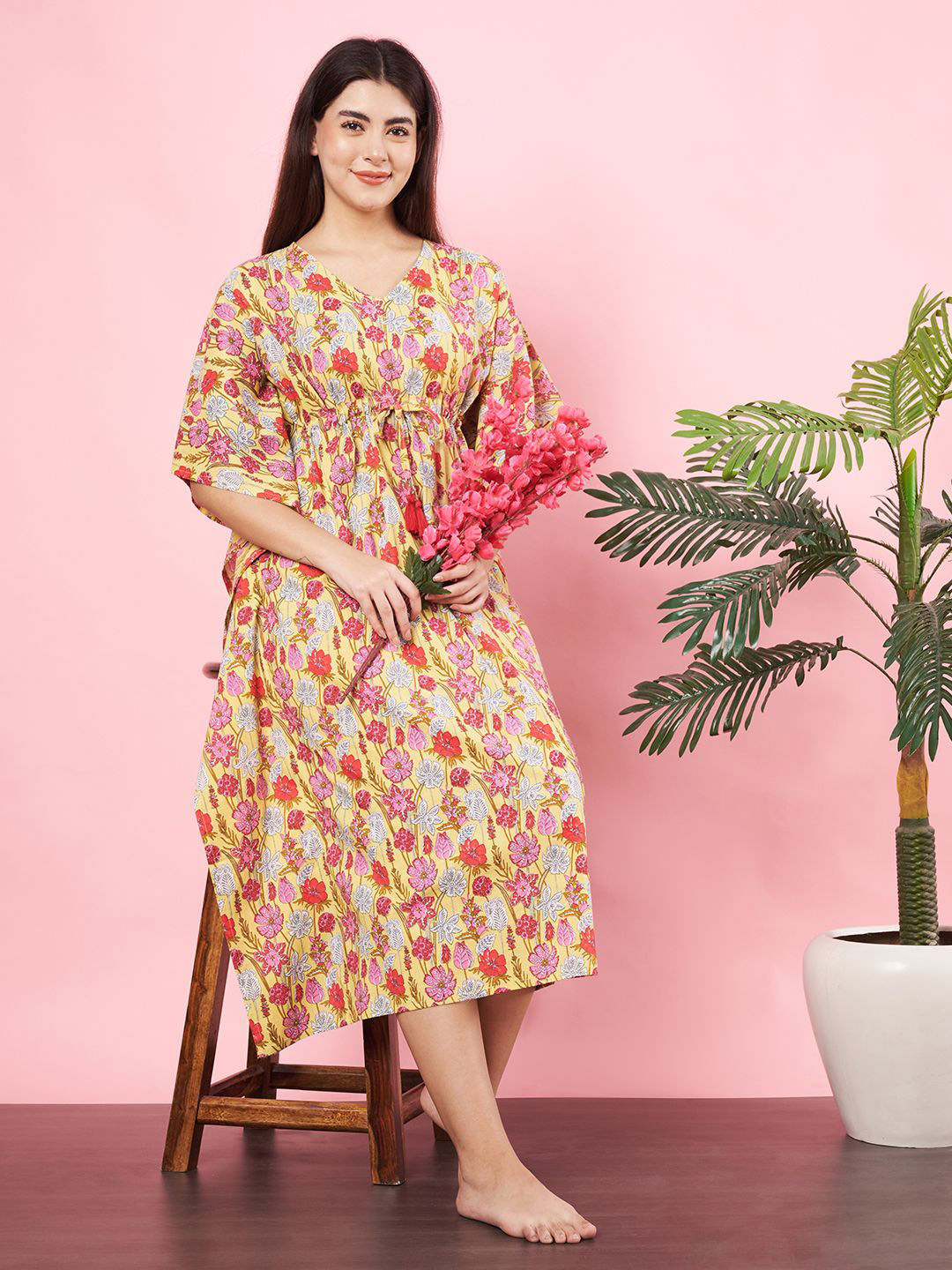 

HERE&NOW Women Printed Pure Cotton Kaftan Nightdress, Yellow