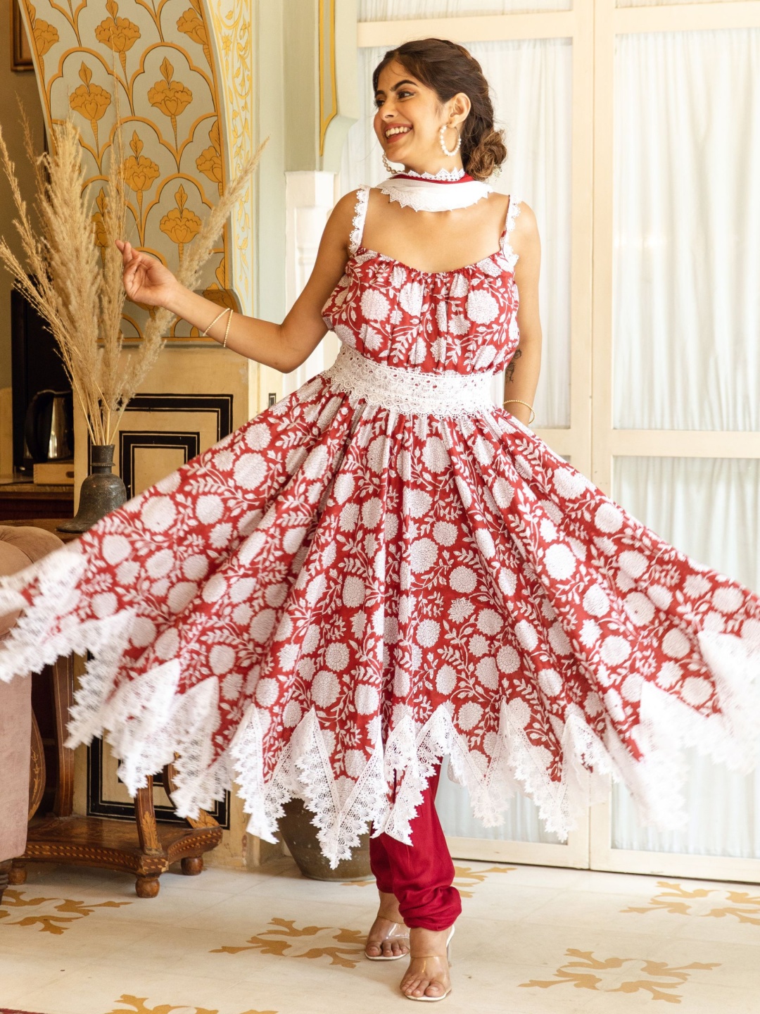 

ASHEERA Women Ethnic Motifs Printed Regular Pure Cotton Kurta with Trousers & With Dupatta, Red