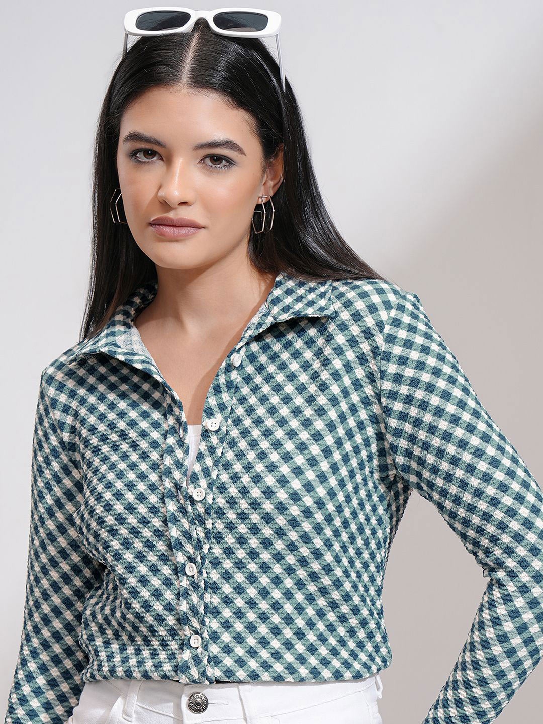 

Tokyo Talkies Women Opaque Checked Casual Shirt, Teal
