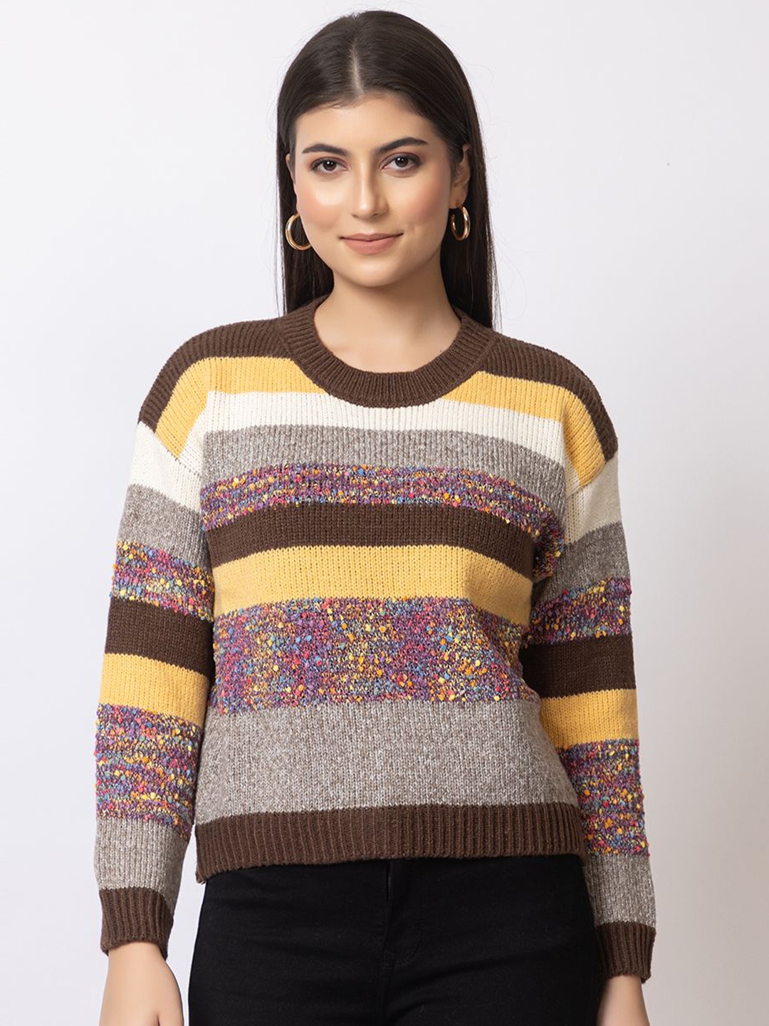 

Navsha Women Striped Round Neck Woollen Pullover, Brown