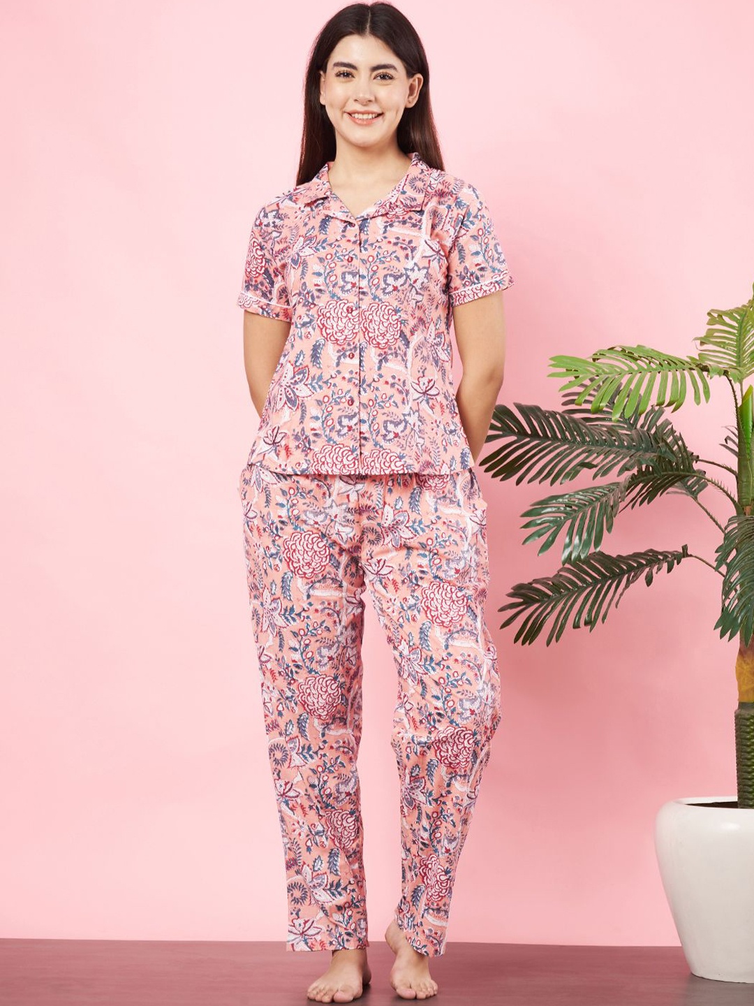 

HERE&NOW Women Pure Cotton Floral Printed Shirt & Pyjamas Night suit, Peach